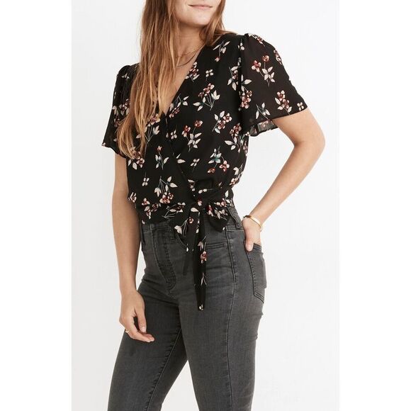 ✨MADEWELL Botanical Print Wrap Sz XS Top In True Black✨ - Picture 2 of 9